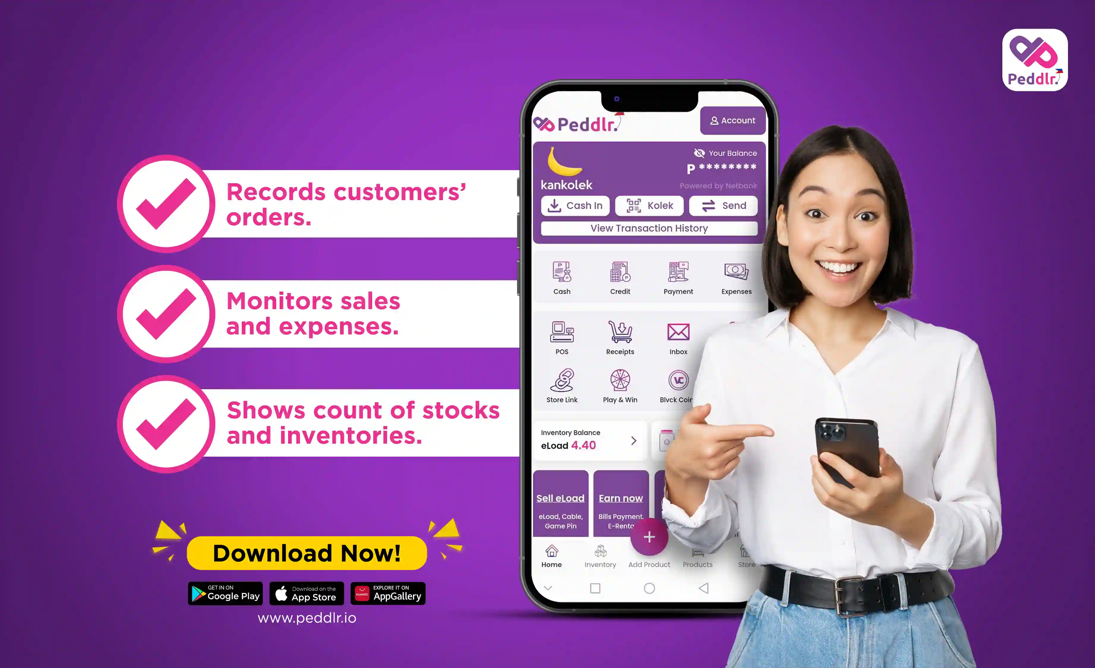 a banner with a girl using a mobile phone application that serves as a sales tracker or free POS system