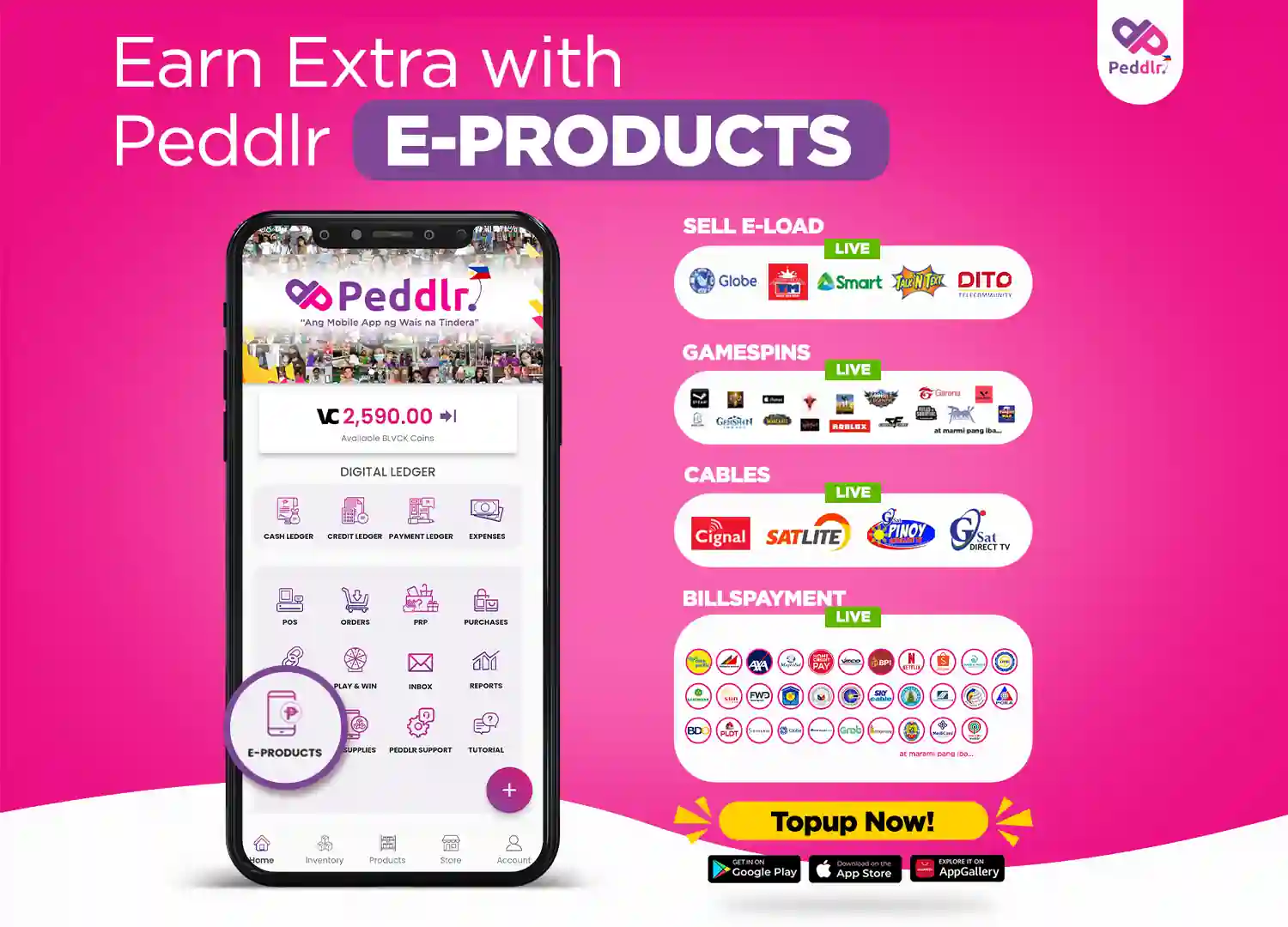 Showing Peddlr e-product feature like e-load, game top-up,cables, and Billspayment