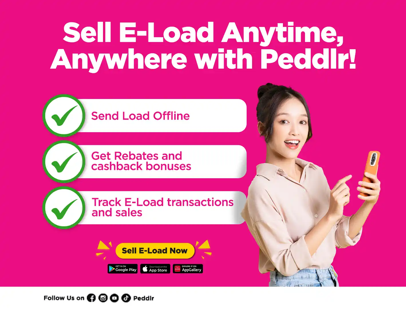 Girl holding a phone to sell e-load and using peddlr mobile pos app.