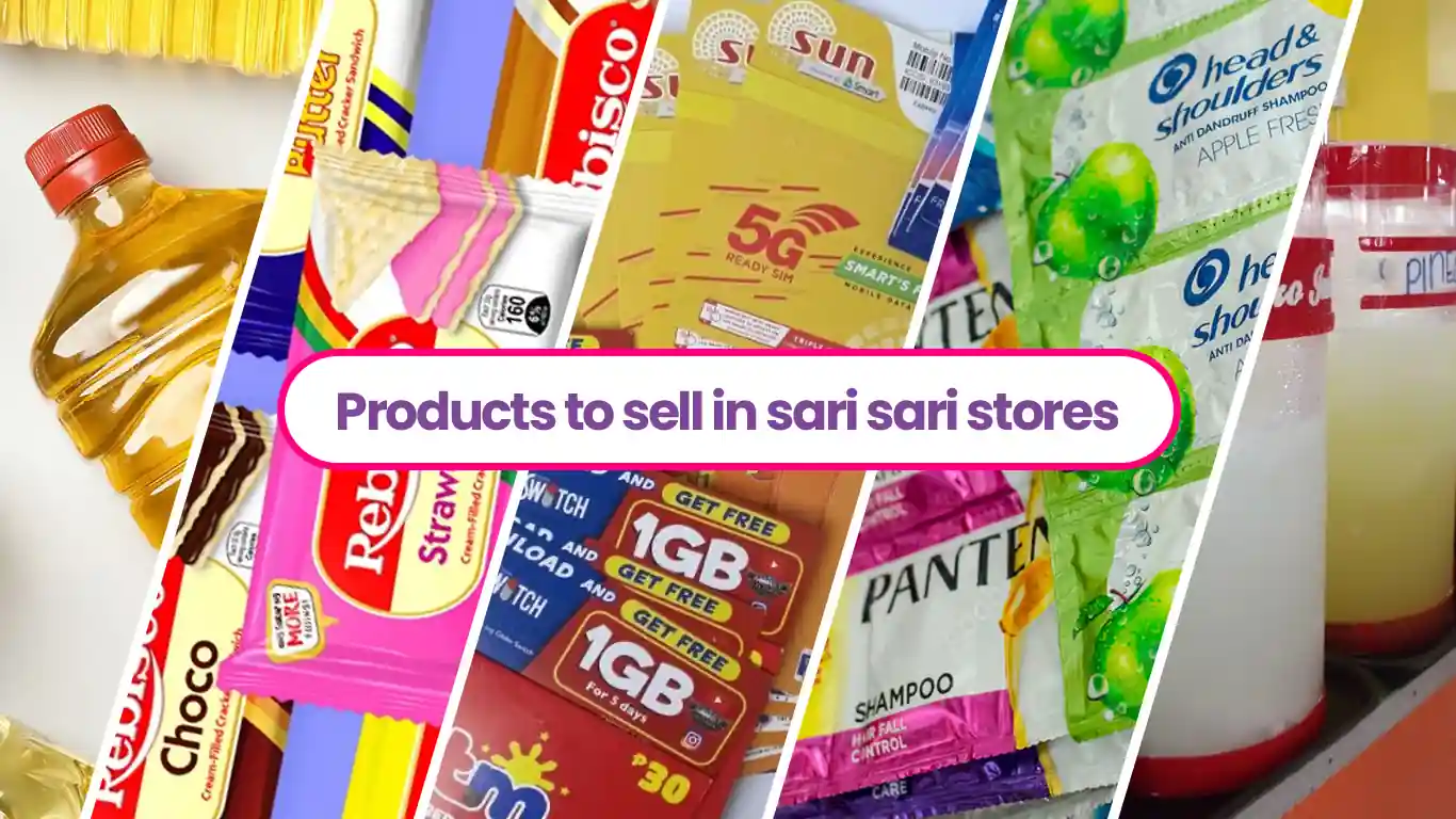 an image showing different products to sell in sari sari stores like food staples, snacks, mobile accessories and eload, hygiene products, and beverages